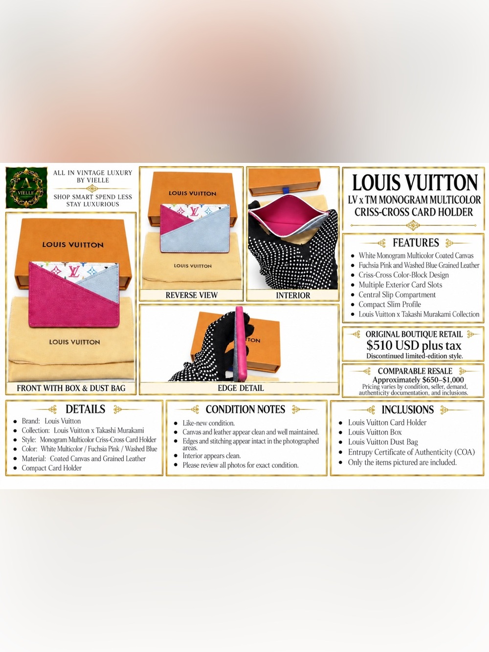 Louis Vuitton x Takashi Murakami Criss-Cross Card Holder Kawaii Pink M14090